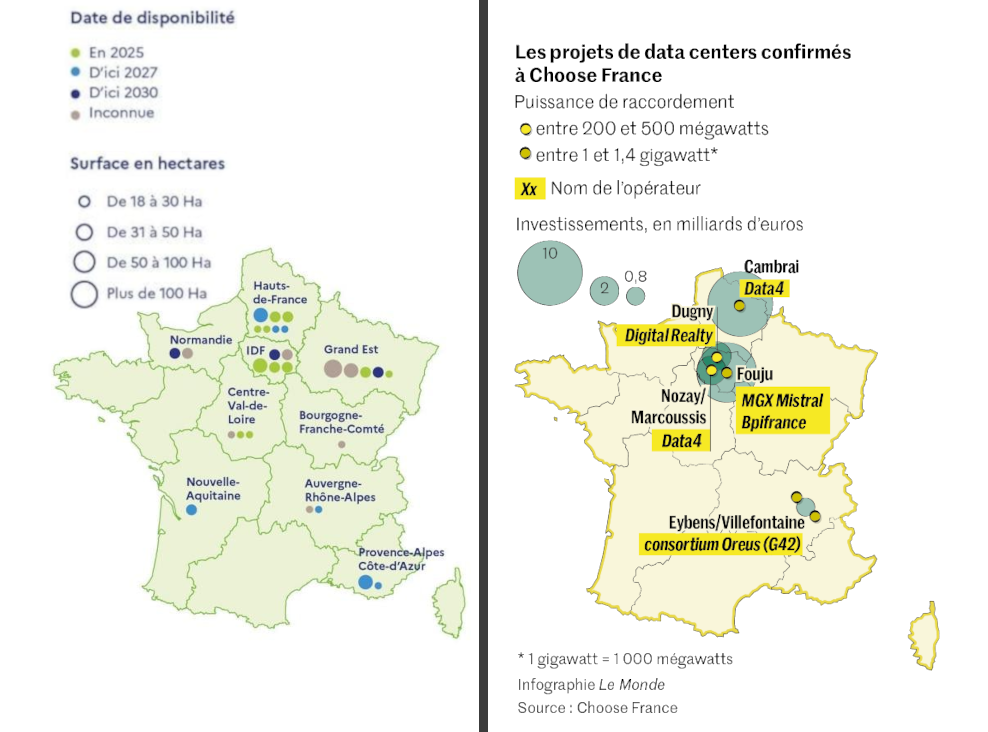 Source : A gauche, carte fournie par l'Elysée lors du « sommet pour l'action sur l'IA », en février ; à droite, infographie {Le Monde}, 1er juin 2025, suite au sommet Choose France